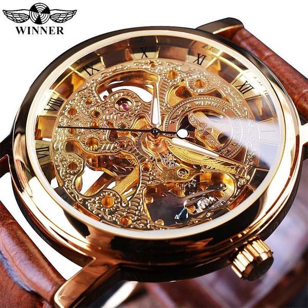 

winner transparent golden case luxury casual design brown leather strap mens watches brand mechanical skeleton watch 211013, Slivery;brown