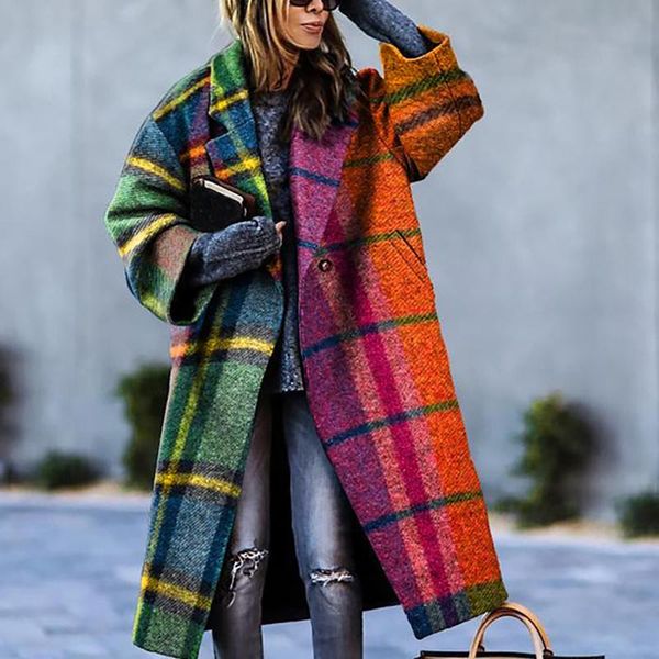 

women's trench coats womens overcoat thickened classic long-length color matching plaid print winter lapel outwear coat with pockets, Tan;black