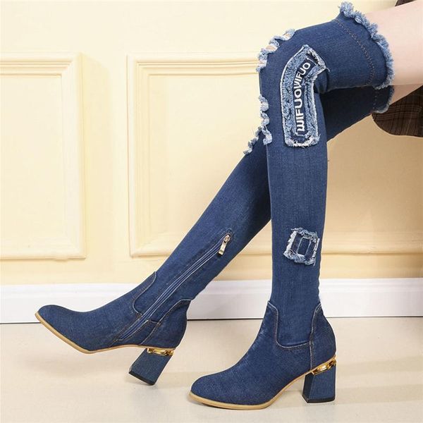 

boots 2021 women chunky denim over the knee block 6.5cm high heels fetish stripper winter cowboy western blue shoes, Black