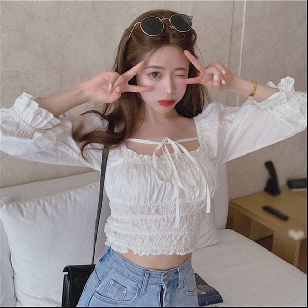 

korean square neck puff sleeve womens shirts slim small fresh long chiffon, White