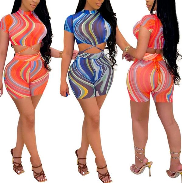 

women's tracksuits women casual two piece sets irregular stripe short sleeve tie-up tight shorts female clothes set clubwear, Gray