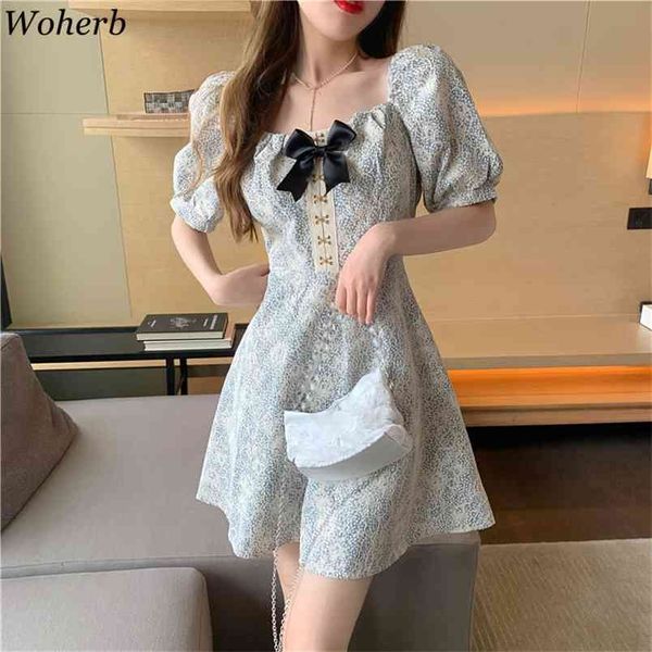 

women dress chiffon lace patchwork floral square neck vestidos temperament puff short sleeve bowknot slim waist dresses 210519, Black;gray