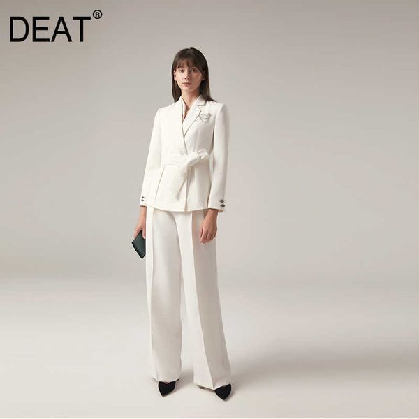 

[deat] spring fashion solid color long sleeve blazer high waist wide leg pants women two-piece suit 13q279 210527, White