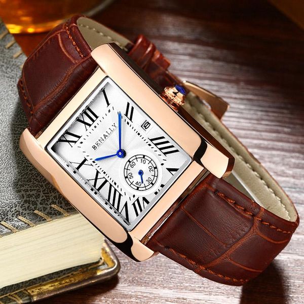 

wristwatches date waterproof square quartz watch men, brand onola leather exquisite gentlemen elegant men's wristwatch, Slivery;brown