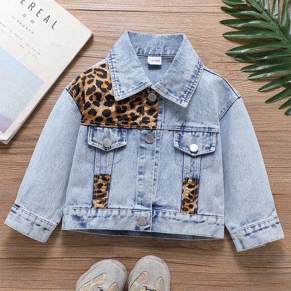 

jackets fashion kids girl cardigan leopard printing stitching lapel denim coat for girls autumn fall spring outerwear, Blue;gray