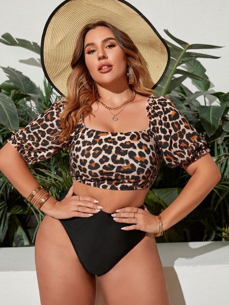 

plus leopard frill trim bikini swimsuit y6at#, Black