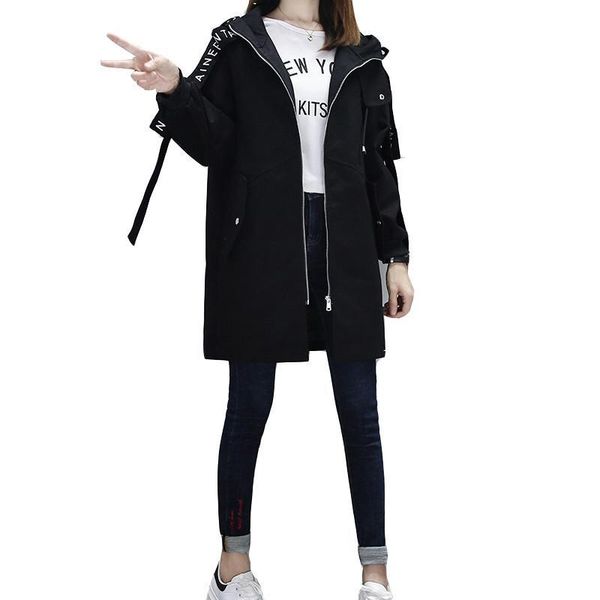 

women's trench coats large size women medium long coat spring autumn fashion loose female hooded casual windbreaker solid color q55, Tan;black