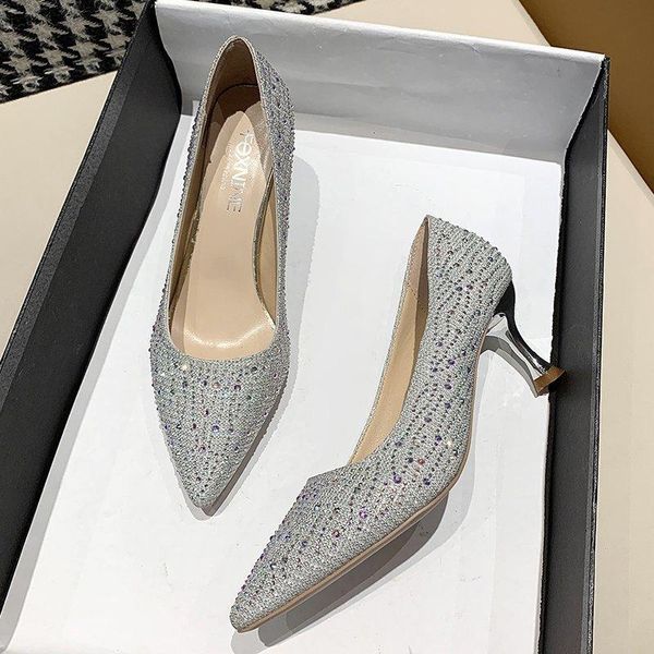 

sequin high heeled shoes 2021 spring and summer thin women's pointed silver single professional dress, Black