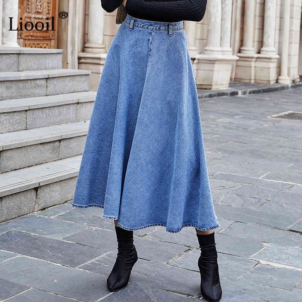 

skirt blue denim midi skirt 2021 women high waist a line with zipper streetwear vintage ladies elegant casual loose jean long skirts 04ab, Black