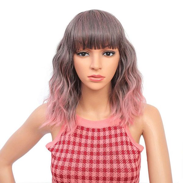 

synthetic wigs women pink gray mix with bangs shoulder length cosplay party, Black