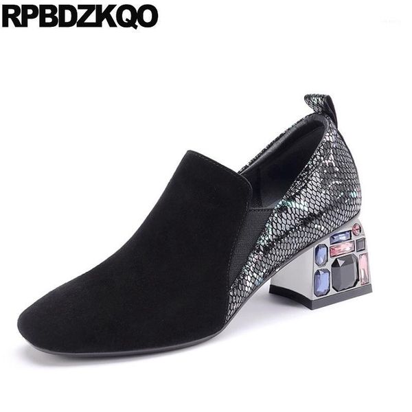 

dress shoes square toe pumps chunky snakeskin diamond crystal black prom genuine leather elegant women block snake big size rhinestone1