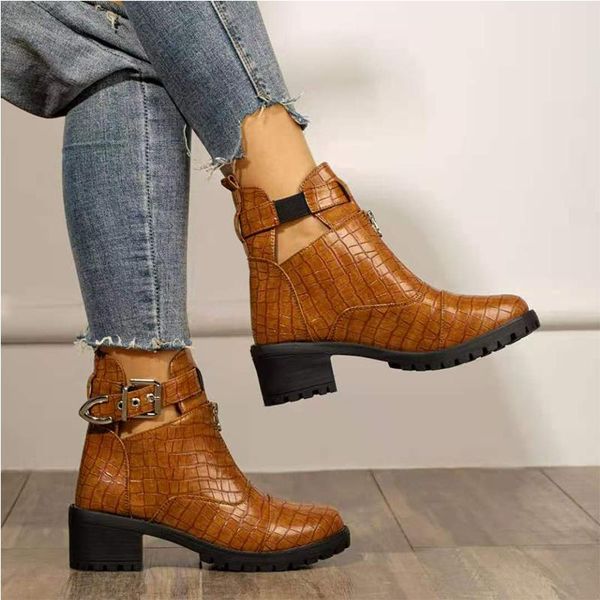 

boots fashion platform ankle 2021 women spring autumn black leather thick heel ladies worker womens botas mujer