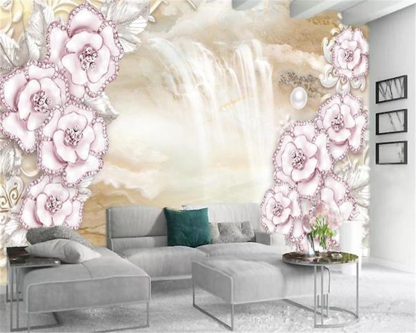 

wallpapers 3d wallpaper lace and diamond pink flowers landscape waterfall living room bedroom decoration mural