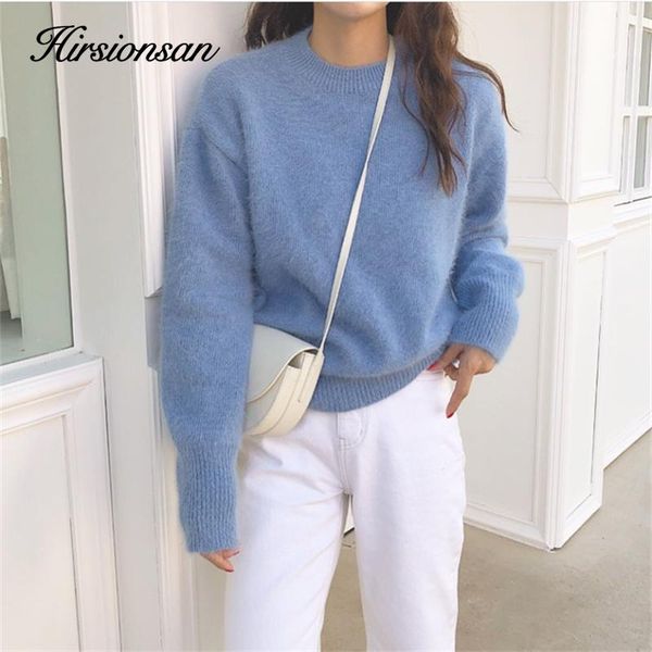 

women's sweaters hirsionsan cashmere elegant women sweater 2021 korean knitted basic pullovers vintage soft female jumper imitation min, White;black