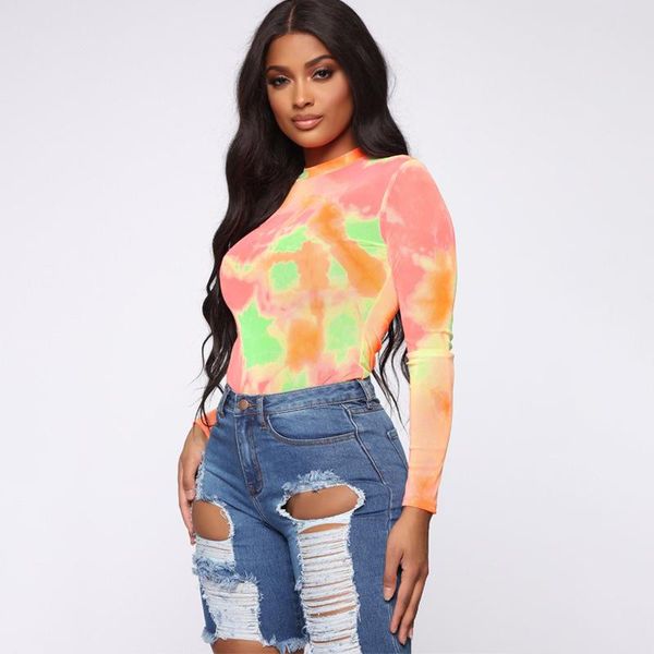 

women's jumpsuits & rompers uideazone tie dye women bodysuit long sleeve colorful patchwork body slim ladies 2021 spring summer ju, Black;white
