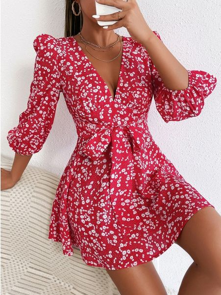 

petite ditsy floral bishop sleeve dress a5mq#, Black;gray