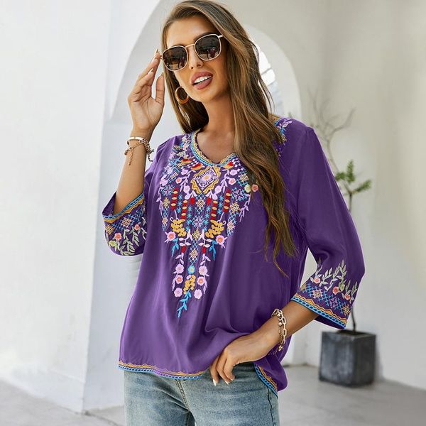 

women's blouses & shirts floral embroidery blouse 2021 boho vintage chic mexican women autumn casual loose female ethnic hippie, White