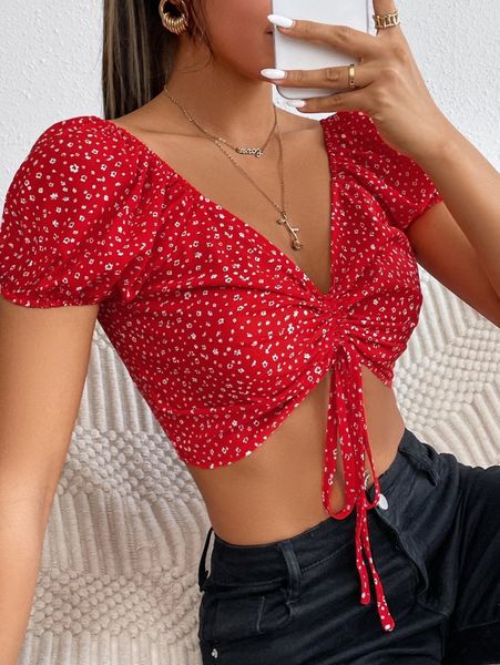 

ditsy floral print drawstring crop blouse 209v#, White