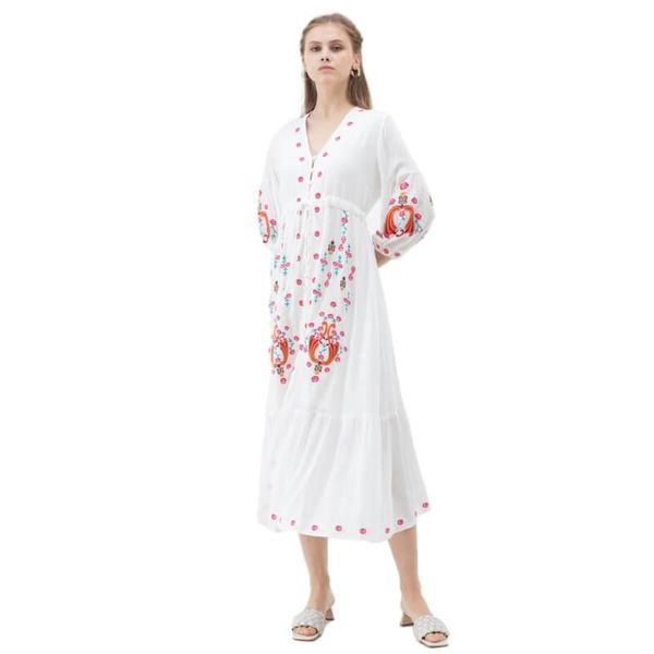 

casual dresses white long sleeve button down embroidered boho maxi dress elegant women drawstring waist bohemian femme robe, Black;gray