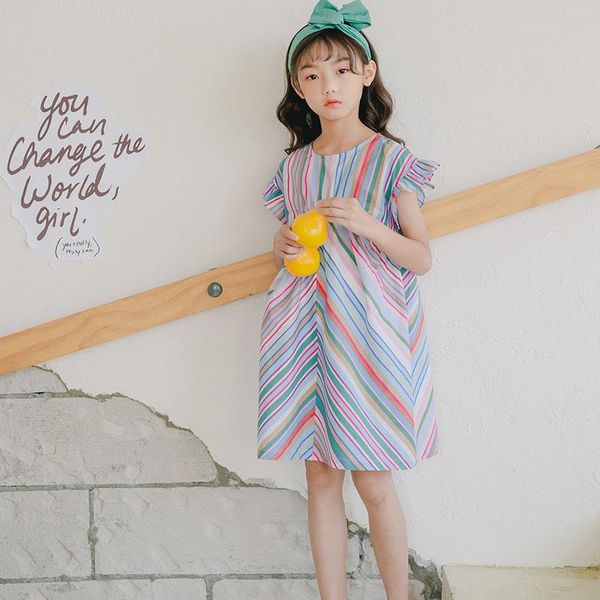 

girl's dresses 2021 summer multi-color stripe girls dress children cotton baby cute princess kids casual dresses, #8618, Red;yellow