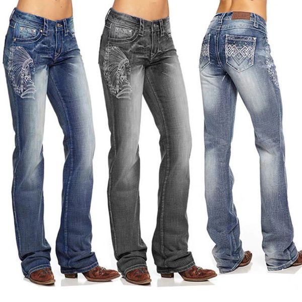 

jeans women's 2021 wear sale slim embroidery straight pants, Blue