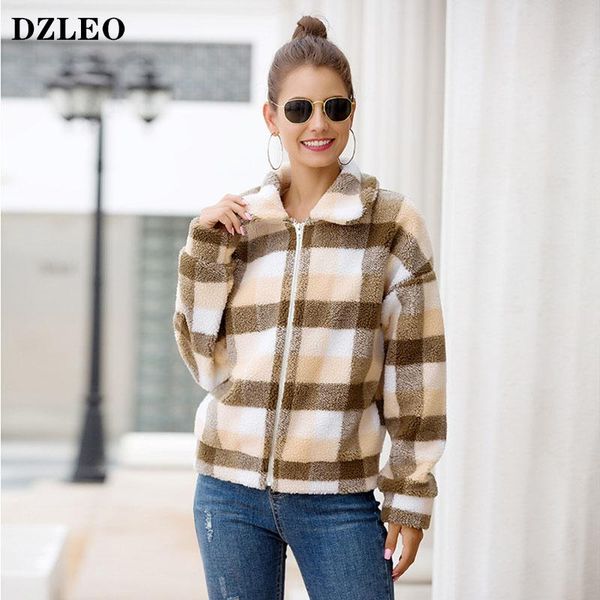 

women's fur & faux dzleo plaid wool coat for women fashion autumn winter short long sleeve lapel zip jackets patchwork fleece, Black