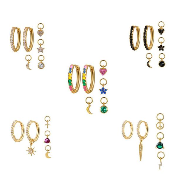 

hoop & huggie minimalist two earrings+four small pendants moon/star/cross/bead 925 sterling silver earrings for women fashion jewelry gif, Golden;silver