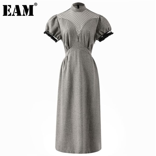 

[eam] women gray spotted mesh bandage elegant dress stand collar short puff sleeve loose fashion spring summer 1dd6343 21512, Black;gray