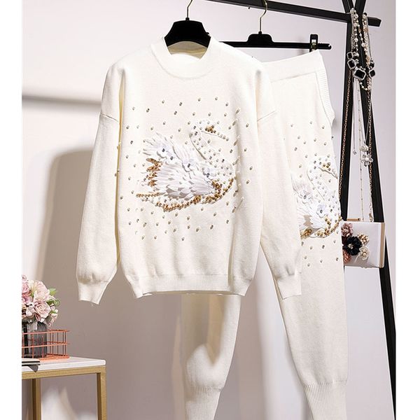 

pant autumn fashion knitted outfits women handwork beaded sweater pencil pants set female loose black white gray knit suit streetwear