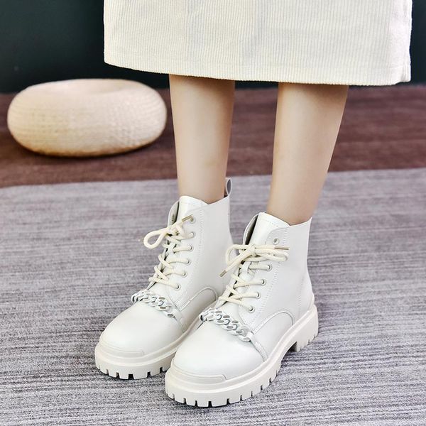 

boots platform women shoes round toe chunky ankle metal chain thick sole short black beige zapatos mujer