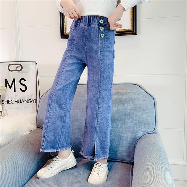 

childrens clothing girls jeans spring and autumn denim trousers fashion button casual loose teenage 4 14year old, Blue