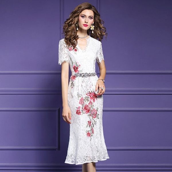 

casual dresses v-neck lace trumpet dress women summer spring style celebrities medium length patchwork fishtail embroidered skirt plus gawp, Black;gray