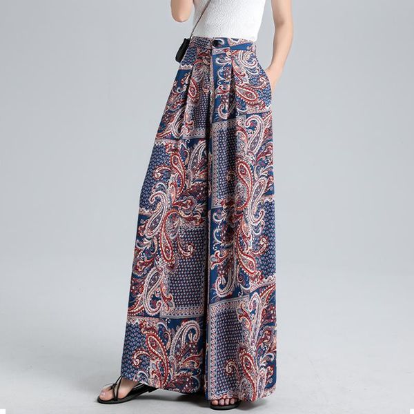 

women's pants & capris summer print wide leg women long casual elastic waist cotton pant boho holiday beach chiffon trousers plus size, Black;white