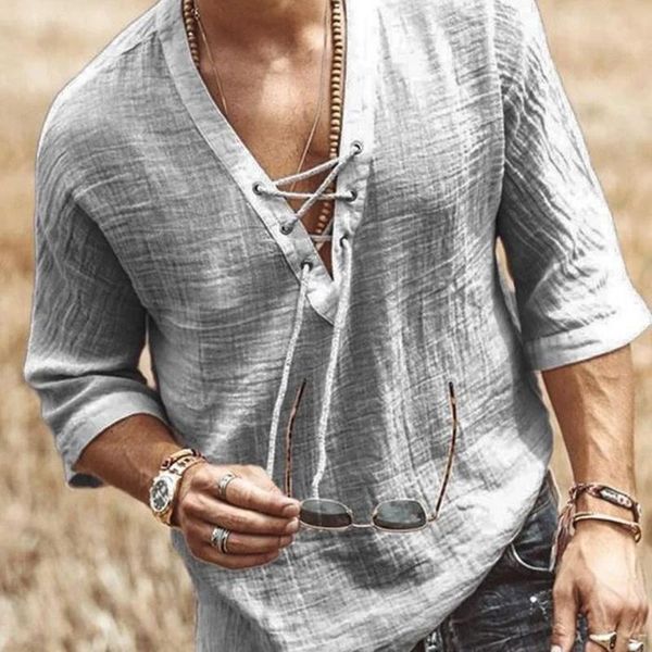 

men's t-shirts 2021 tee shirt solid pullover v neck lace-up loose summer holiday beach casual half sleeve linen, White;black