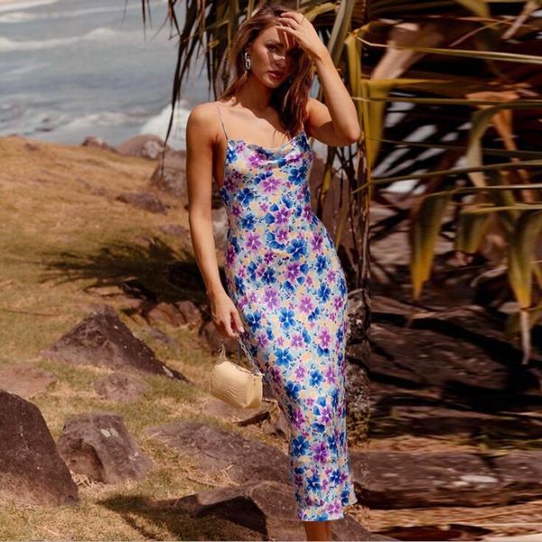 

casual dresses women spring summer fashion elegant floral print bodycon evening party es spaghetti strap sleeveless backless bandage long oj, Black;gray