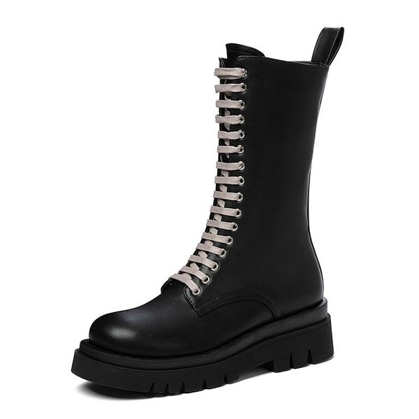 

boots 2021 winter women half round toe lace up flat platform shoes fashion black leisure gladiator woman big size 43