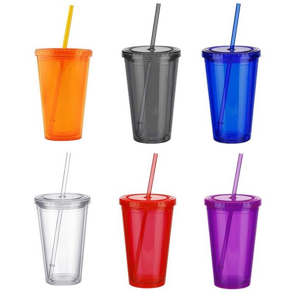 

mugs 500ml portable leak-proof cup plastic iced tumbler double-walled cold drink coffee travel mug with straw liquid beaker lid