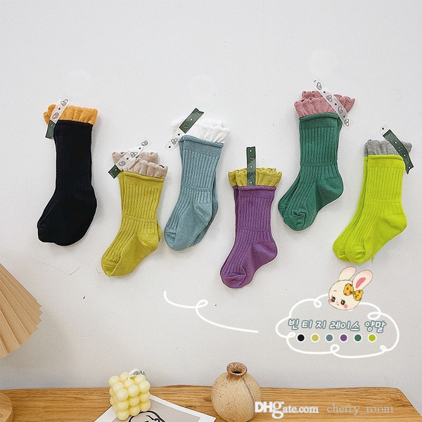 

autumn 2021 children cotton socks baby boys girls pure color big splice lace sock cute princess tide casual hosiery d064, Pink;yellow