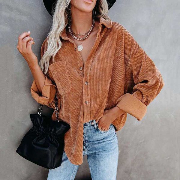 

women's jackets autumn corduroy women shirts coat fashion loose pocket sleeve oversized cardigan casual turn-down collar button ja, Black;brown