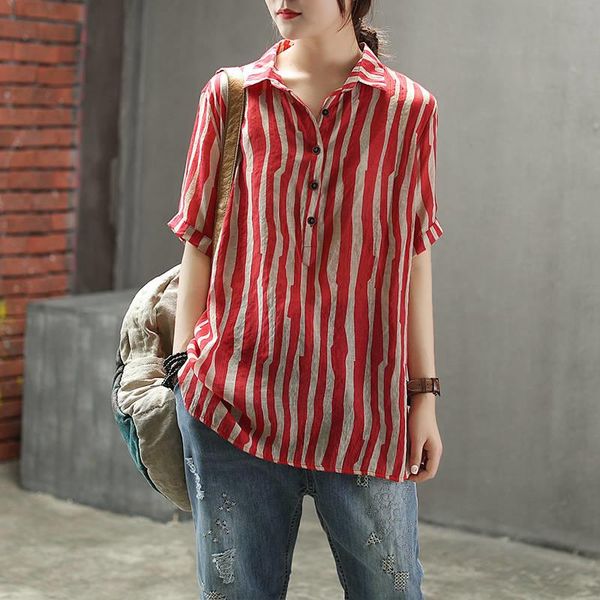 

women's blouses & shirts style summer women shirt plus size short sleeve loose casual ladies striped cotton linen vintage female blous, White