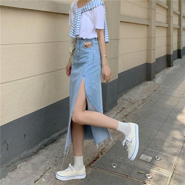 

skirts women's summer long denim elegant wrap jeans high waist side split hem single slits streetwear casual, Black