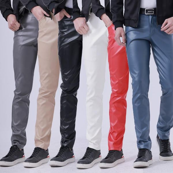 

men's pants idopy men`s faux leather stretchy slim fit office business casual summer thin pu trousers for male, Black