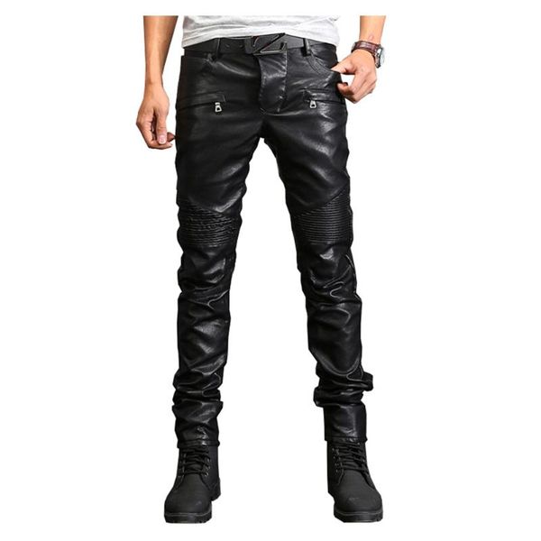 

men's jeans gzdeerax mens pu leather biker for motorcycle slim pencil pants classic pleated trousers plus size 40, Blue
