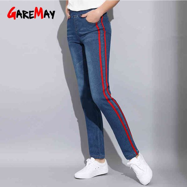 

5xl plus size denim skinny jeans women pencil pants women's mid waist side striped trousers casual slim female 210428, Blue