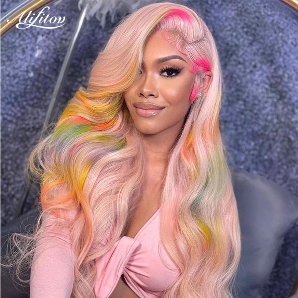 

lace wigs alifitov rainbow colored human hair for women 13x4 frontal wig straight front pre plucked remy body wave, Black;brown