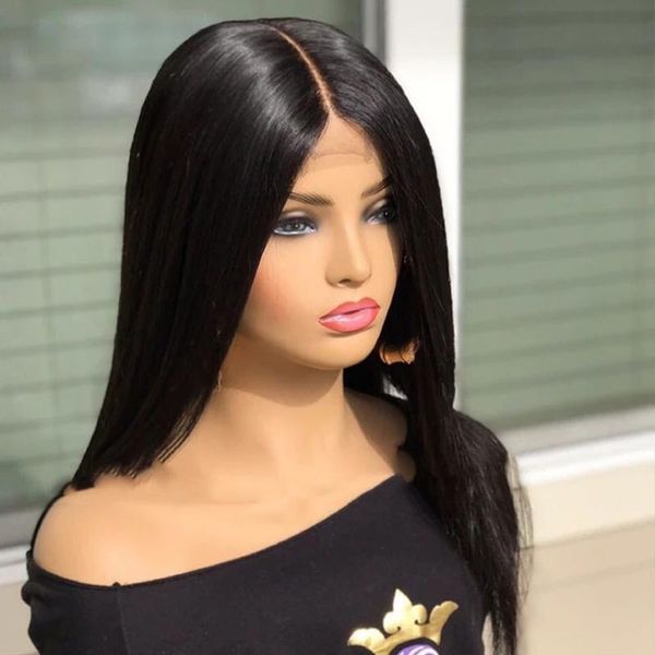 

synthetic wigs black color lace front wig for women middle part hand tied long silky heat resistant hair straight smooth