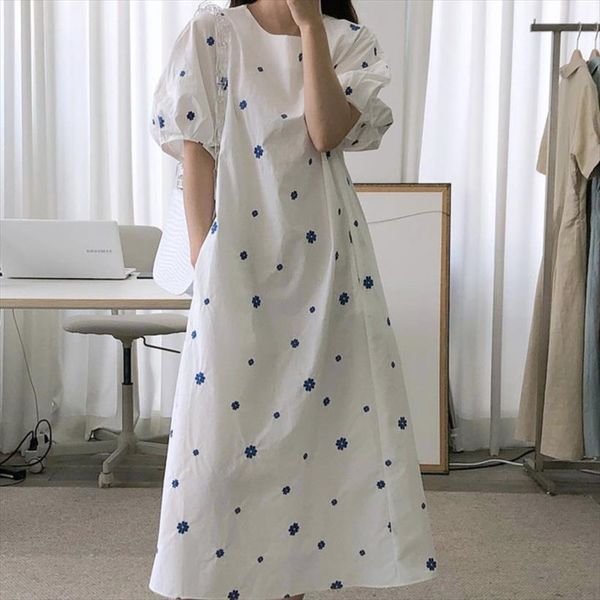 

[ewq] black dot pleated womens dresses round neck short puff sleeve loose fit fashion casual tide spring summer 16f0797, Black;gray