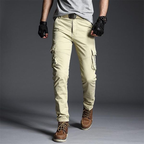 

men's pants cargo 2021 men outwear army straight slacks long trousers military elasticated casual multi-pocket for, Black