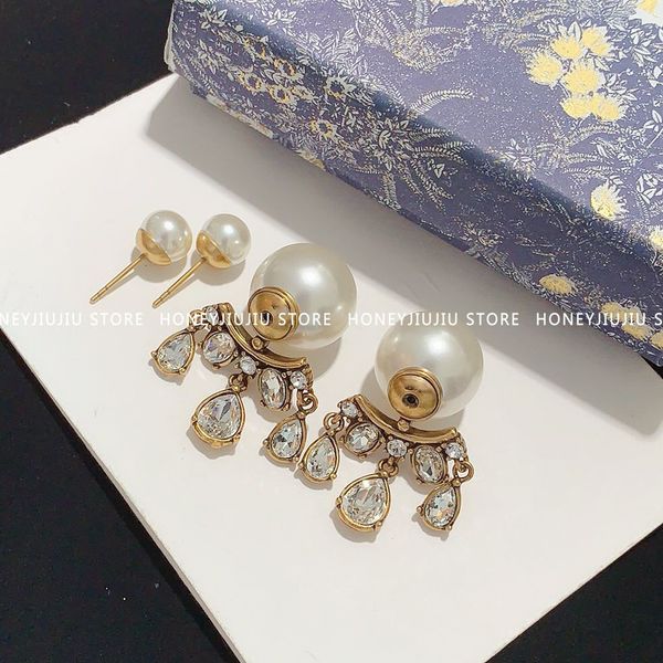 

diamond 2021 pearl trends brand jewelry quality crystal luxury water famous drop earrings for women classic letters with box, Red;brown