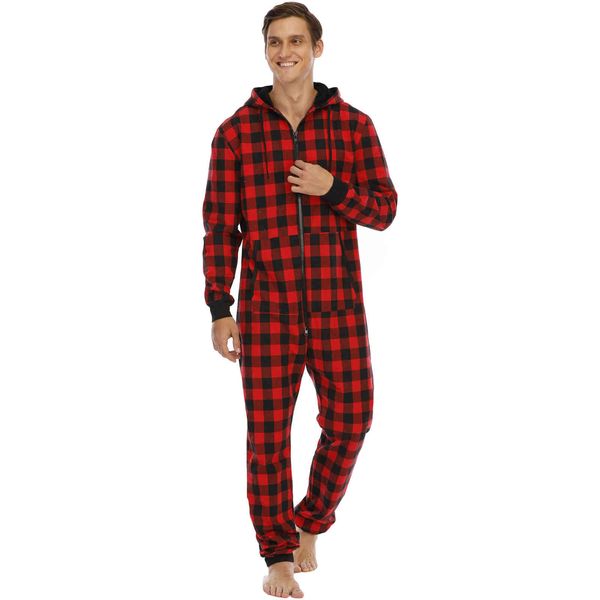 

sleepwear fashion pajamas men's flannel check hooded jumpsuit housewear, Black;brown
